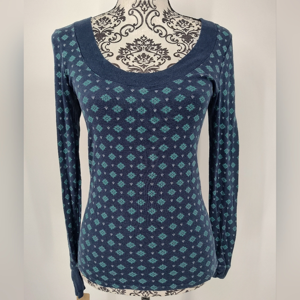 Old Navy Teal Diamond Pattern Scoop Neck Long Sleeve Shirt Size Women's Small